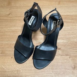 Dune London Black Leather Ankle Strap Heels